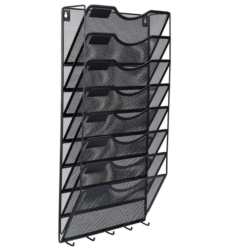 EasyPAG 8 Pocket Mesh Wall File Organizer with Key Hooks, Hanging Paper Folder Holder with Classify Label, Vertical Wall Mount Mail Organizer for Office Home Classroom, Black - Image 2